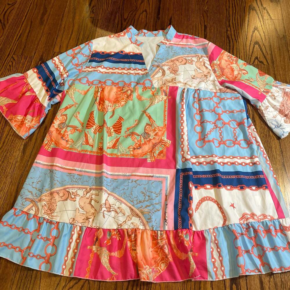 Womens Italian Horse Scarf Print Tiered Babydoll Mini Dress